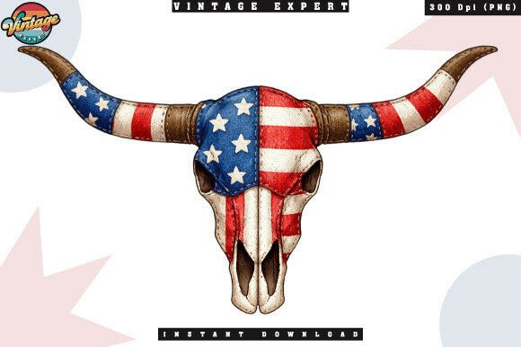Americana Patchwork Longhorn Skull PNG Guide