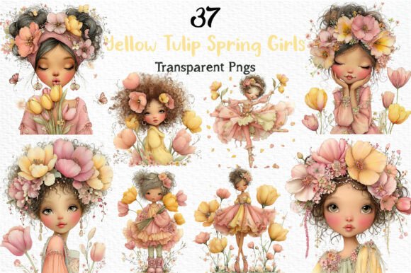 Enhance Your Spring Projects with Yellow Tulip Spring Girls Clipart PNG