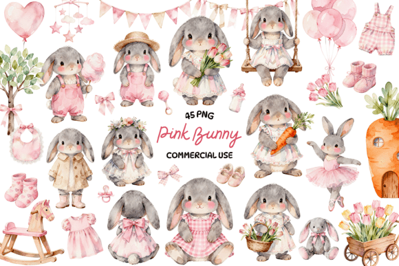 Pink Bunny Watercolor Clipart Bundle: A Versatile Design Resource for Creative Projects