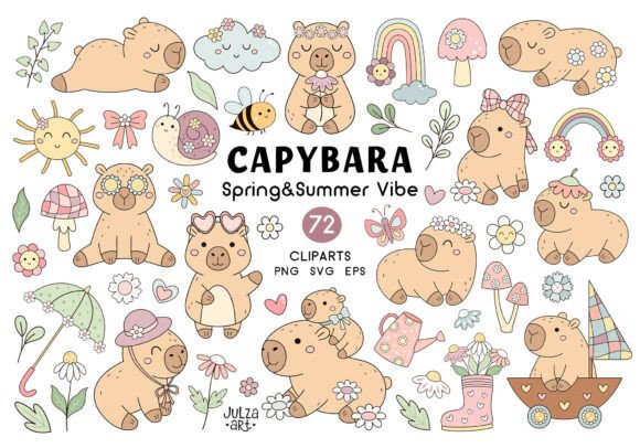 Spring Capybaras Clipart, Summer Set: A Versatile Resource for Creative Projects