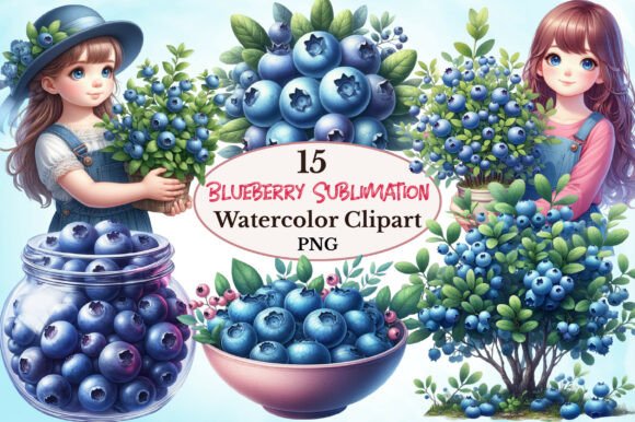 Watercolor Blueberry Sublimation Clipart for Creative Design Projects
