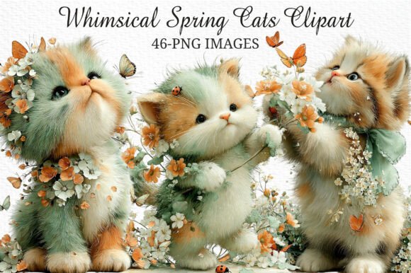 Whimsical Spring Cats Clipart PNG